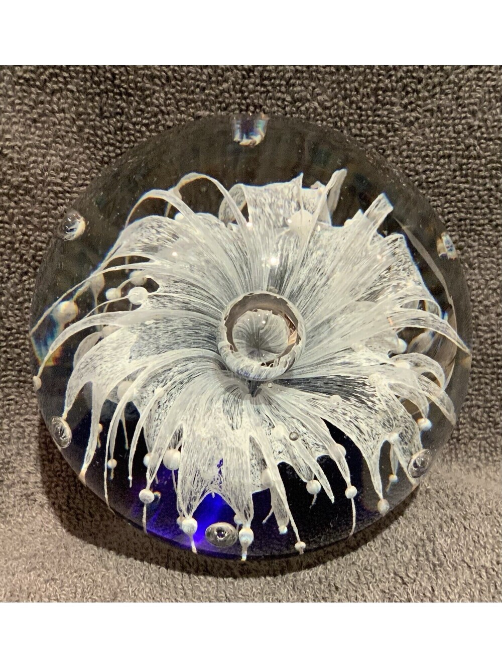 Art Glass Paper Weight with White Flower Design Inside with Controlled Bubble